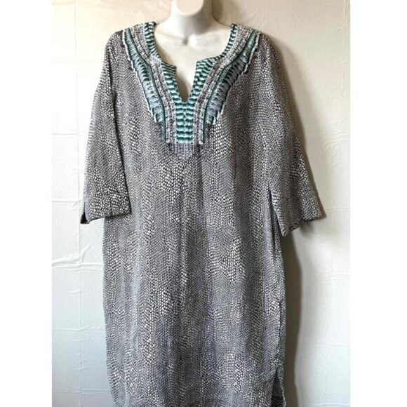 Olsen Tunic Shift Dress 12 Blue Linen V-Neck Animal Print Resort Lightweight - Picture 8 of 8
